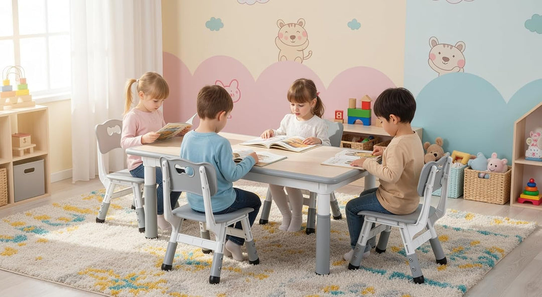 Clevich Kindertisch mit 4 Stühlen, Tisch Stuhl Set Höhenverstellbar,Kindertischgruppe für Kinderzimm