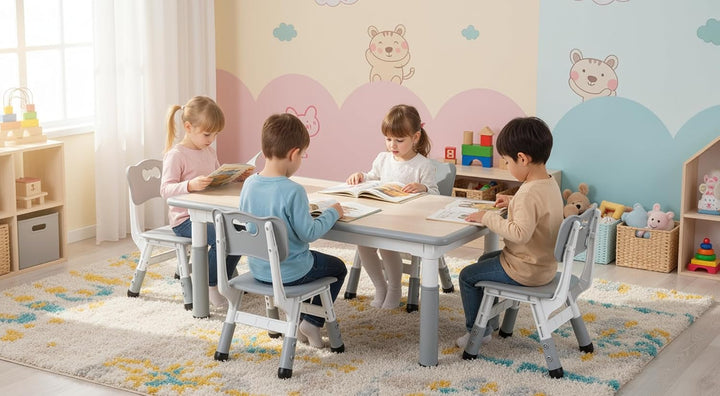 Clevich Kindertisch mit 4 Stühlen, Tisch Stuhl Set Höhenverstellbar,Kindertischgruppe für Kinderzimm