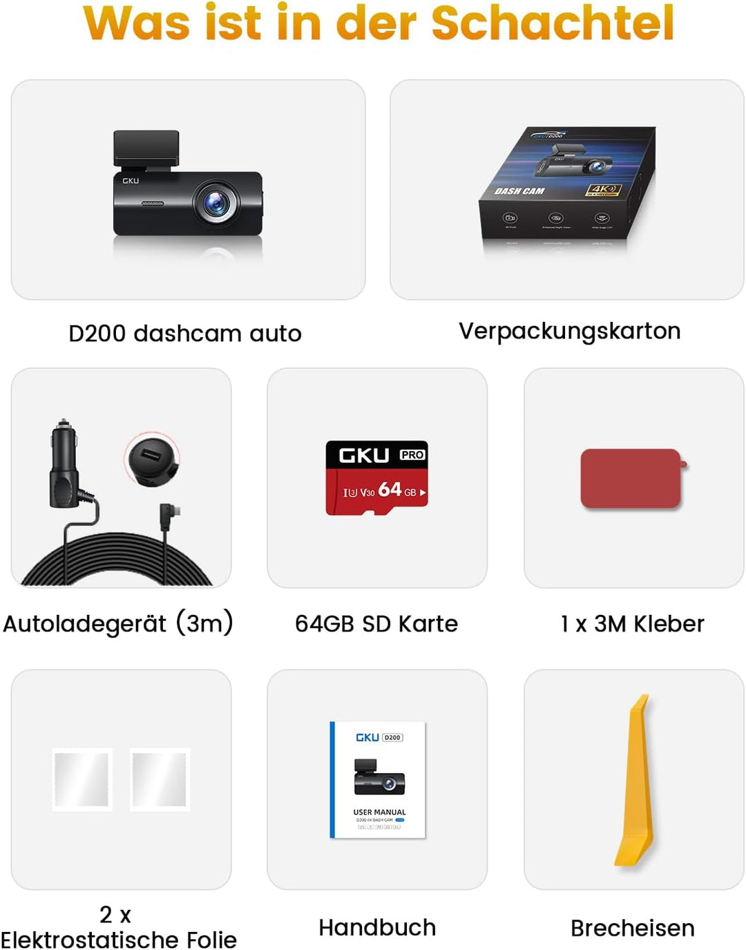 GKU 4K Dashcam Auto,Dashcam Auto vorne,Mini Auto Kamera mit integriertem WLAN,170° Weitwinkel,Nachts