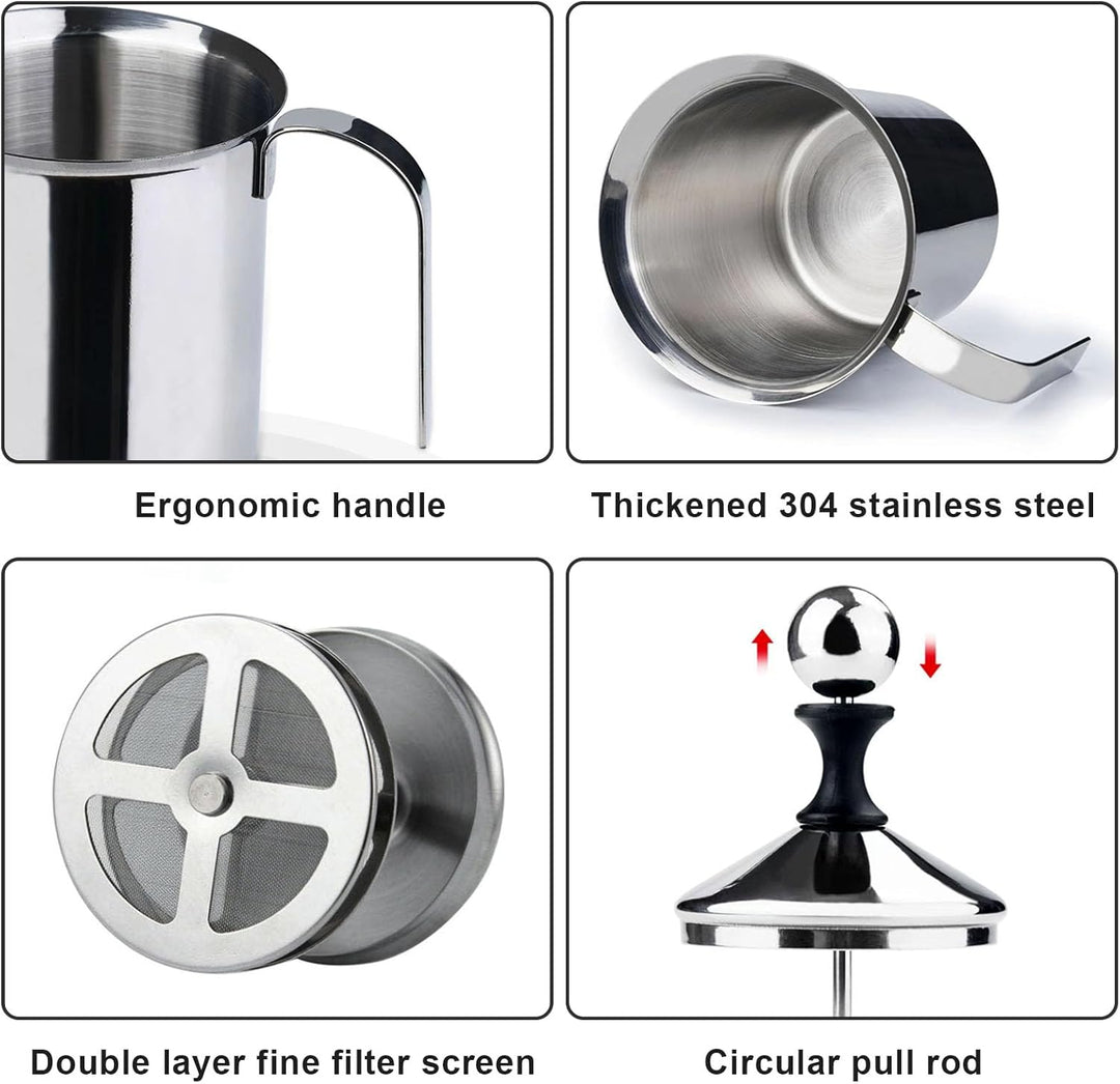 400ml Edelstahl Double Mesh Milchaufschäumer Manuell, 304 Edelstahl Hand Milschäumer, Speziellem Drü