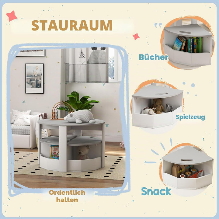 AIYAPLAY 5-TLG. Kindertisch und Hocker Set, Tisch und Stühle Set mit platzsparendem Holzaufbewahrung