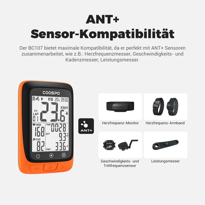 COOPSO BC107 Fahrradcomputer GPS Kabellos Drahtloser Fahrradtacho Kilometerzähler, Bluetooth5.0 ANT+