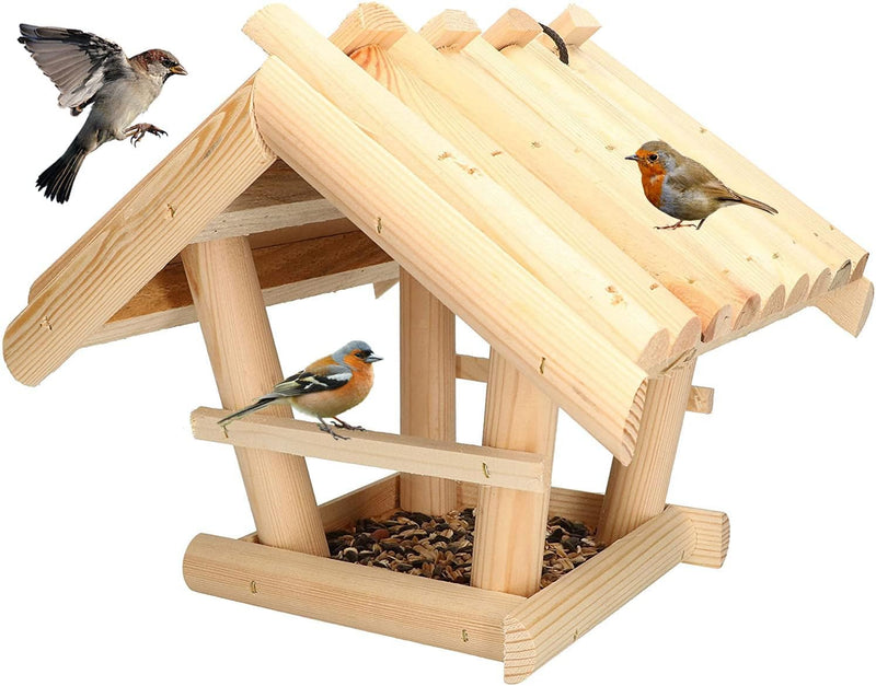 KOTARBAU® Holz Vogelfutterhaus Klein aus Natürlichem Holz Unlackiert zum Aufhängen + 0,5 kg Futter G