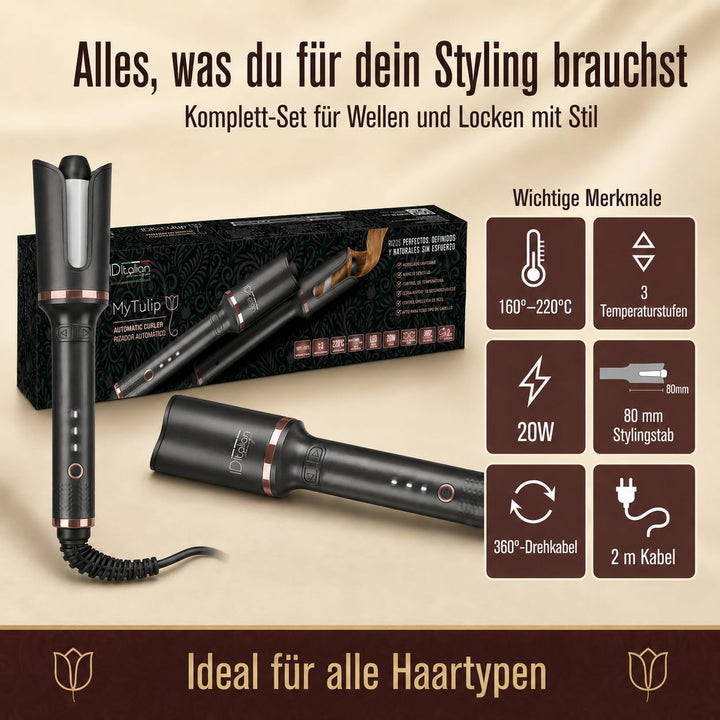 Italian Design MyTulip Automatischer Lockenstab – Hair Curler mit 3 Temperaturen (160–220 °C), Keram