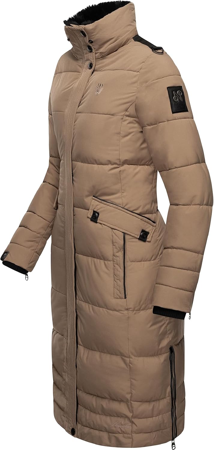 Navahoo Damen Wintermantel Warmer Steppmantel lang mit Abnehmbarer Kapuze Fahmiyaa XS-3XL M Taupe Gr