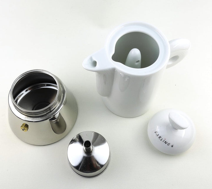 Moka Consorten Italienischer Espressokocher »Darling« | Edelstahl und weisses Porzellan | Füllmenge: