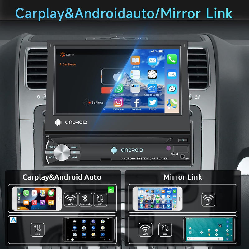 4GB+64GB Autoradio 1 Din 8 Core Android mit Wireless Carplay, Android Auto, Mirror Link, 7 Zoll IPS