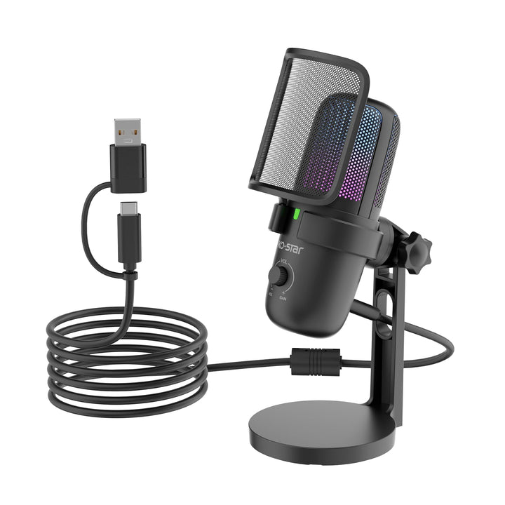 USB Gaming Mikrofon für PC, RGB Kondensator Mikrofon mit Adapter für Handy,Stumm/Gain, Anti-Plosive