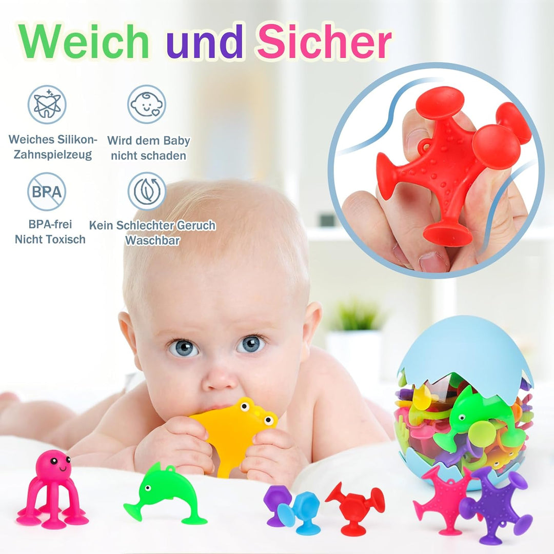 Saugnapf Spielzeug, 50 Stück Sensorik Silikonbausteine Saugspielzeug, Badespielzeug Baby ab 3 Jahre