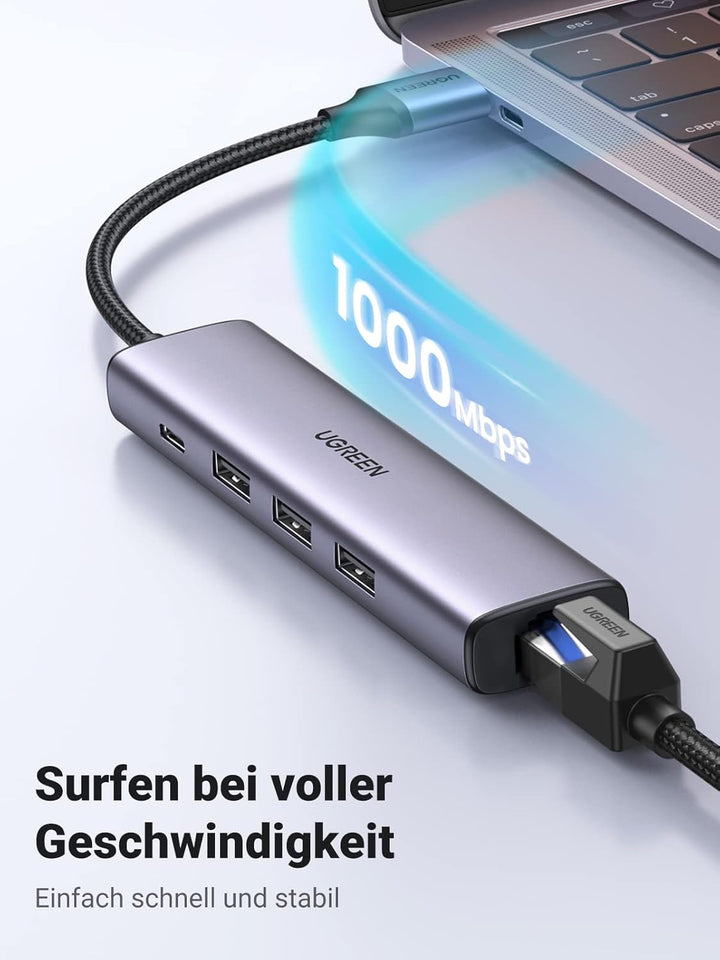 UGREEN USB Hub Ethernet Adapter Gigabit LAN Adapter mit 3 USB 3.0 Ports 1000 Mbps USB Netzwerkadapte