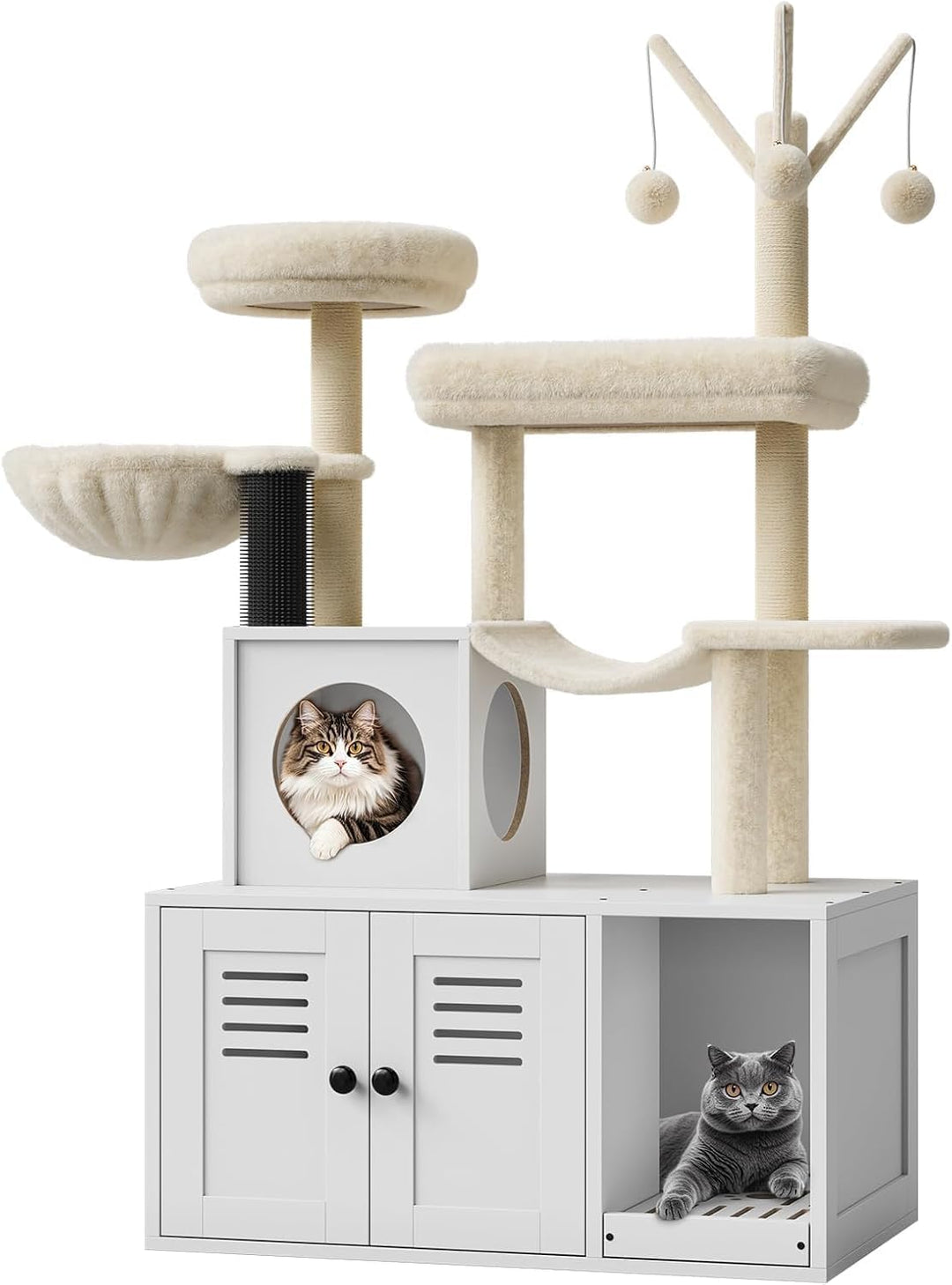 Katzenbaum Mit Katzenklo Schrank, 146 cm Hoch, Katzenhaus Aus Holz Mit Kratzbaum, HäNgeball, Katzenr