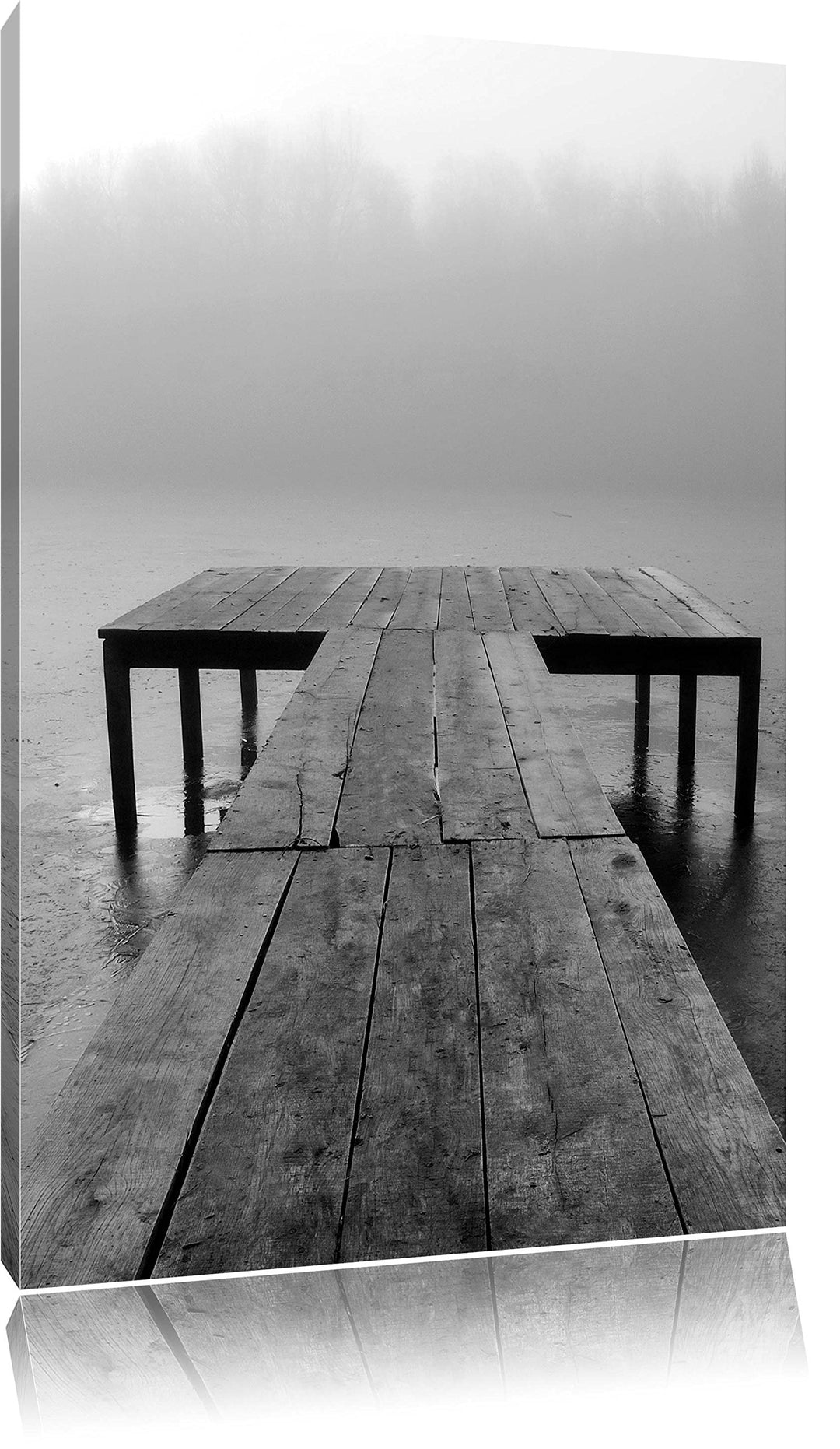 Steg am See Nebel, Format: 100x70 auf Leinwand, XXL riesige Bilder fertig gerahmt mit Keilrahmen, Ku