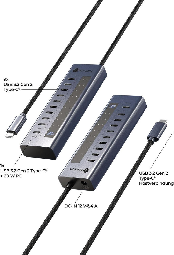 ICY Box 10-Port USB-C Hub, 9X USB 3.2 Gen 2 (10 Gbit/s), 1x USB-C Power Delivery 20 W, Aluminiumgehä