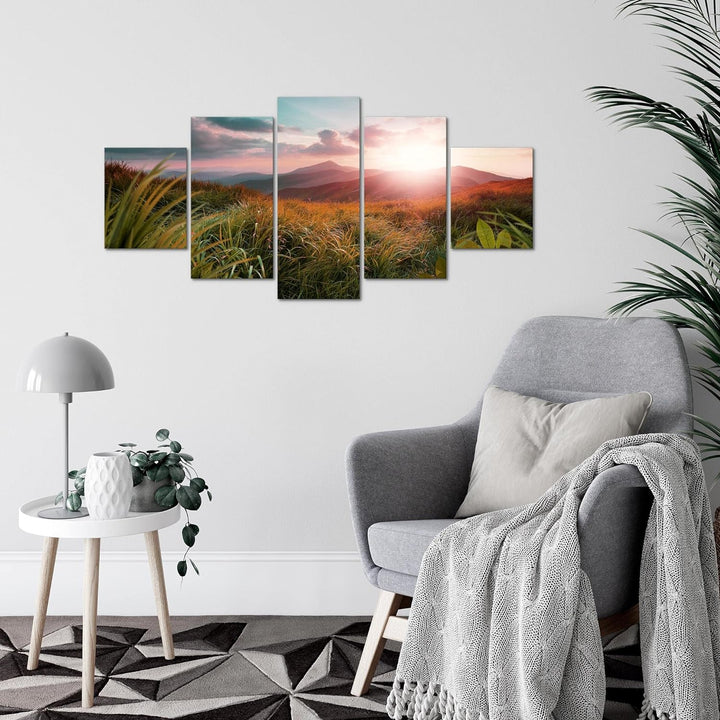 Runa Art Wandbilder Sonnenaufgang Landschaft 5 Teilig Bild auf Vlies Leinwand Deko Schlafzimmer Wohn