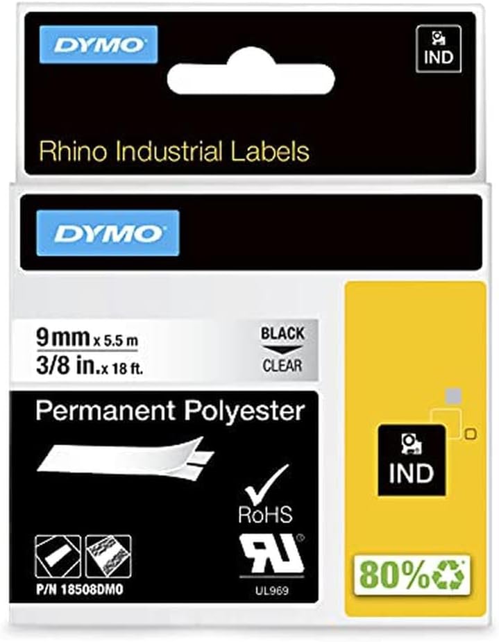 Dymo Rhino Band Industrie Polyesteretiketten, 9 mm x 5.5 m, schwarz/transparent schwarz auf transpar