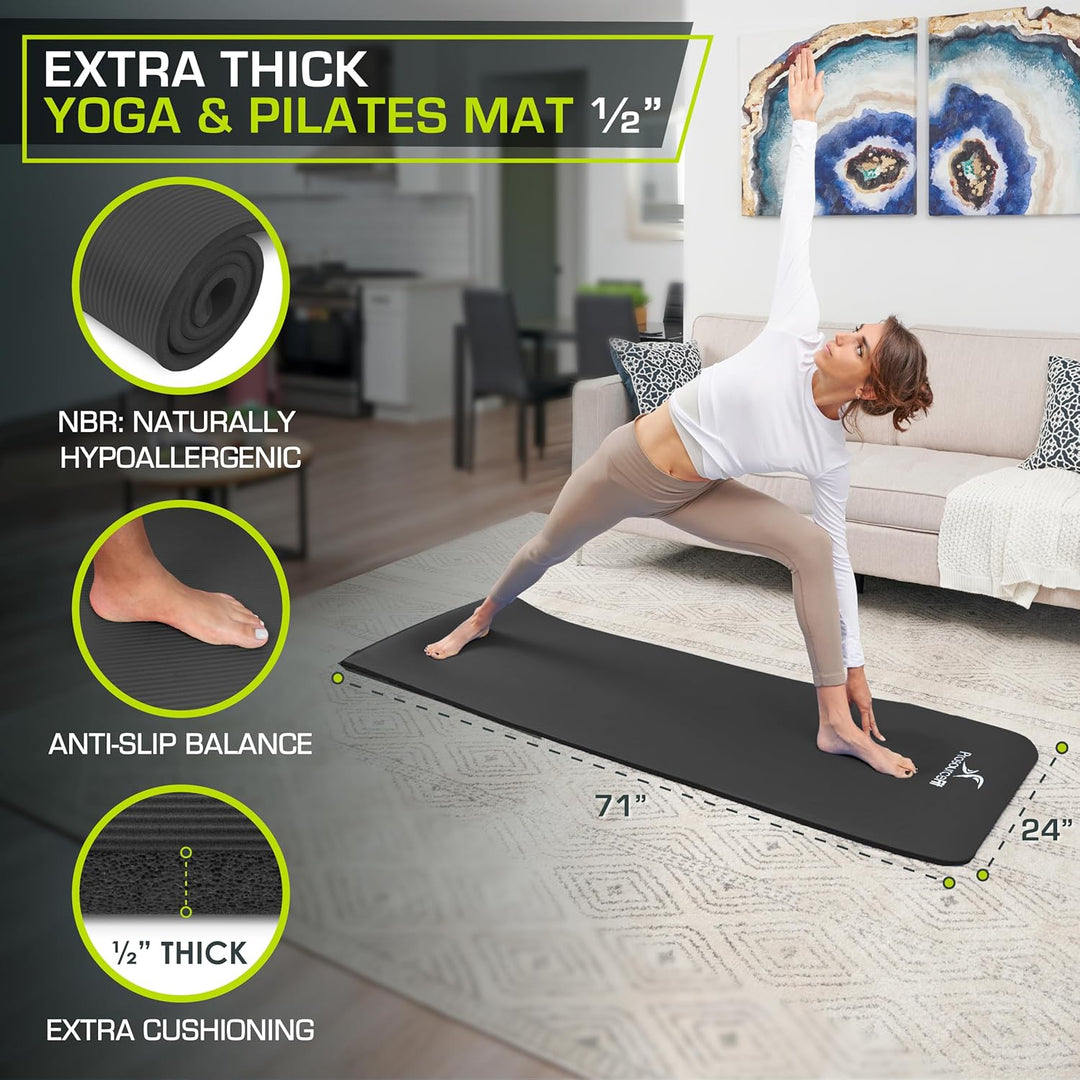 ProsourceFit Extra Thick Yoga and Pilates Mat 1/2" Black, 1/2" Black