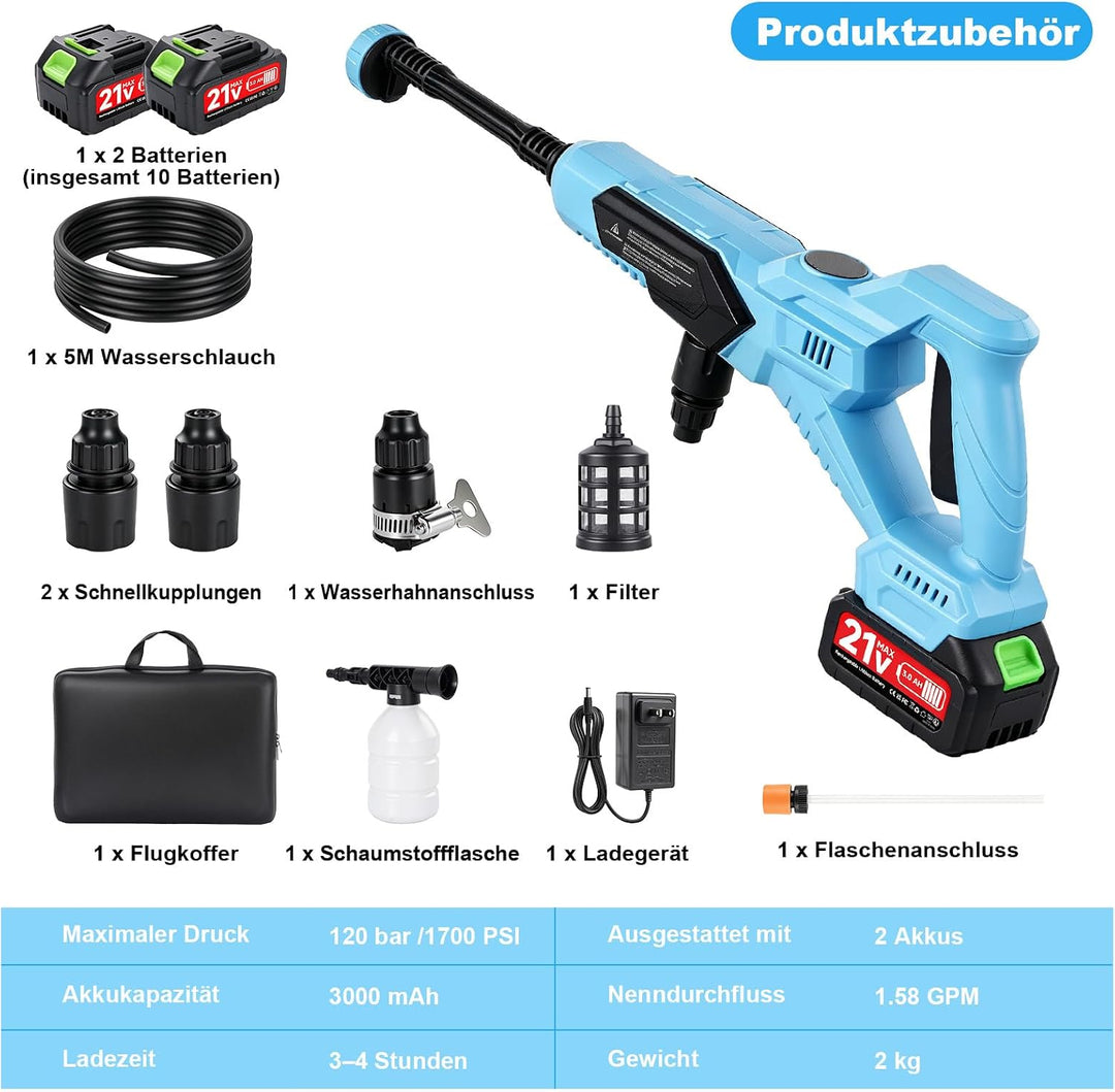 21V Akku-Hochdruckreiniger, Tragbarer Hochdruckreiniger mit 6-in-1 Multifunktionsdüse, 2 Akkus,120Ba