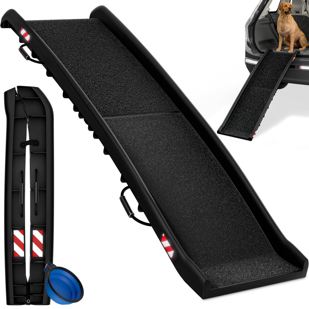Hunderampe Auto klappbar 90kg kompakt 156x40cm Tragegriff Sicherungsbügel Reflektoren Trinknapf Hund