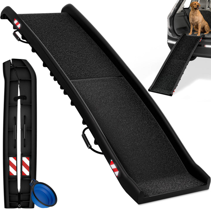 Hunderampe Auto klappbar 90kg kompakt 156x40cm Tragegriff Sicherungsbügel Reflektoren Trinknapf Hund