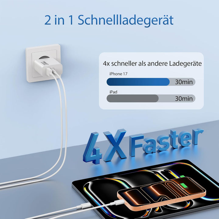 40W 2-Port USB C Ladegerät Ladekabel für iPhone 17/Pro Max Air, iPhone 16/16e/15 Plus, iPad Pro/Air,