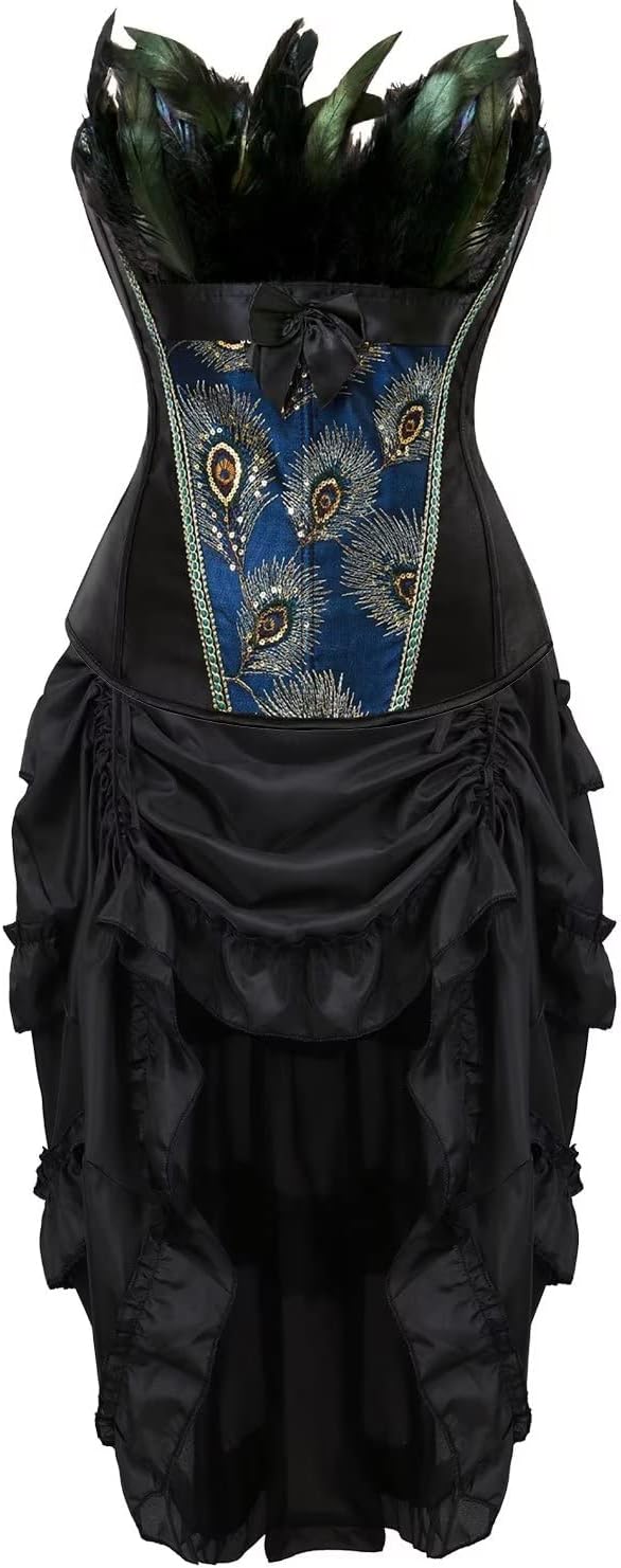 Jutrisujo korsett Corsagenkleid rock kleid corsage korsage pfau feder damen vollbrust bustier gothic