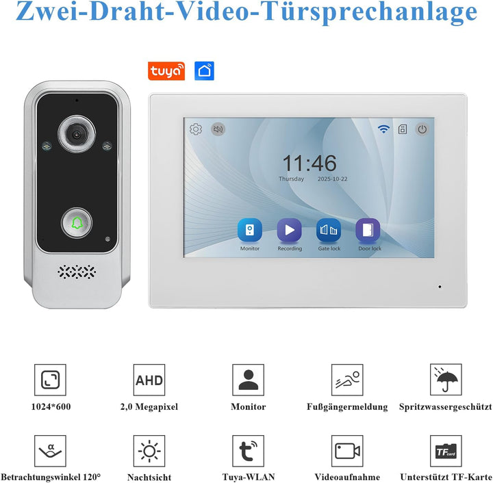 7“ kabelgebundenes Video-Türklingelsystem, 2MP Kamera, IP65 Wasserdicht, Nachtsicht, Tuya App Steuer