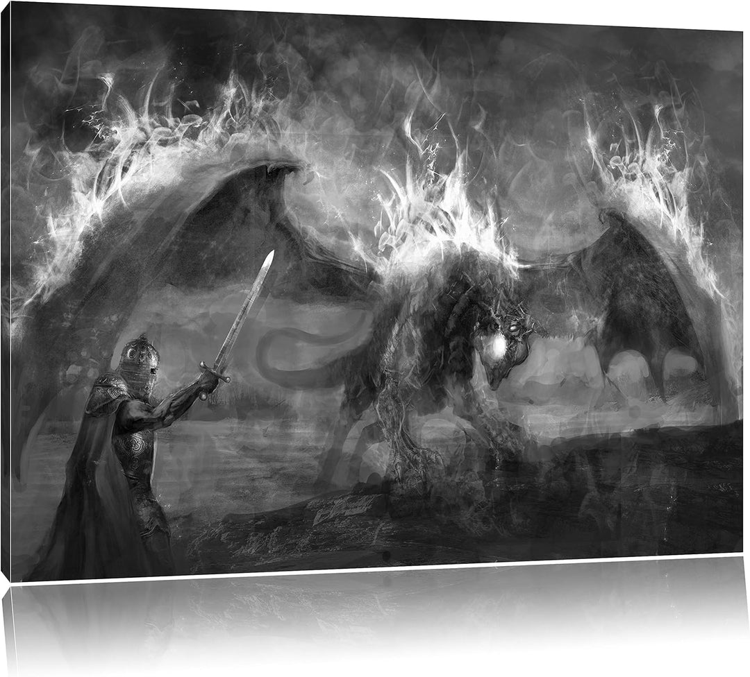 Pixxprint Ritter kämpft gegen Drachen im Feuer Kunst B&W, Format: 100x70 auf Leinwand, XXL riesige B