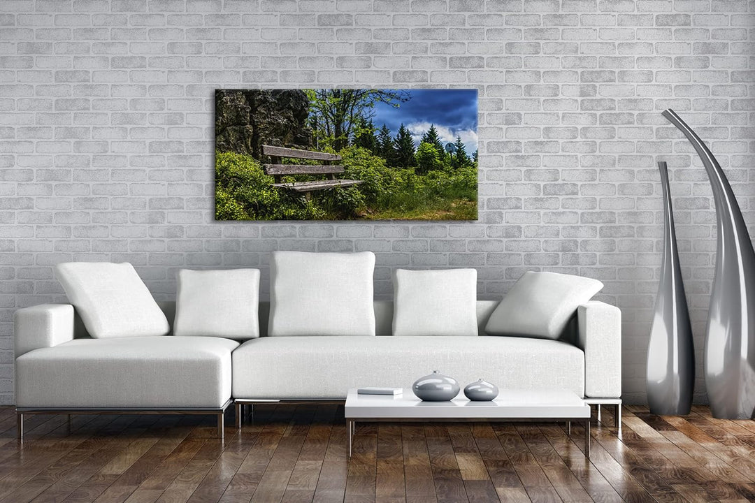 einsame Bank am Waldrand Panorama 120x60 cm als Leinwandbild, Motiv fertig gerahmt auf Echtholzrahme