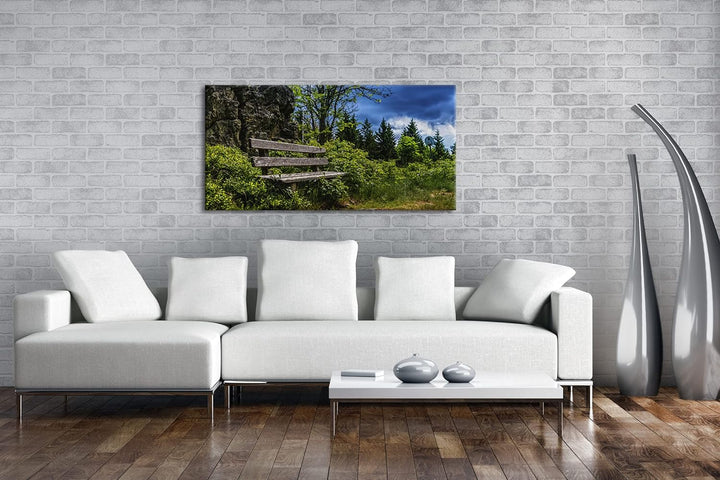 einsame Bank am Waldrand Panorama 120x60 cm als Leinwandbild, Motiv fertig gerahmt auf Echtholzrahme