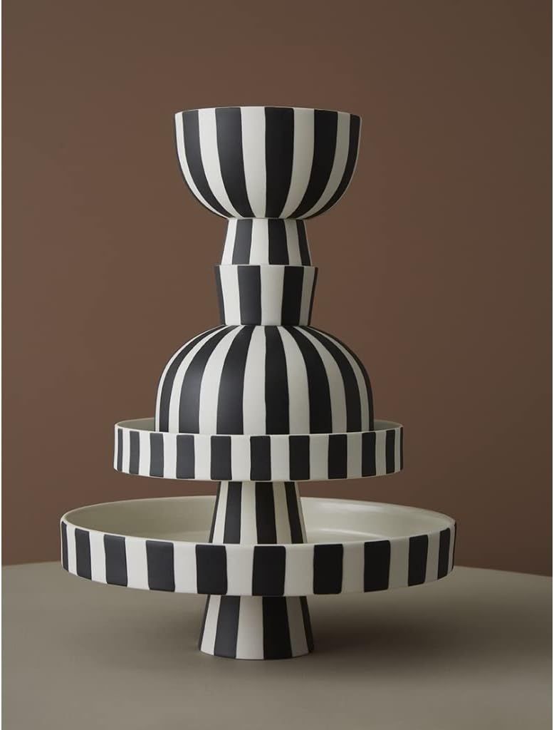 OYOY Living Toppu Tray Black / White Schale Dekoschale Rund Keramik Gestreift Schwarz Weiss 20x9 cm