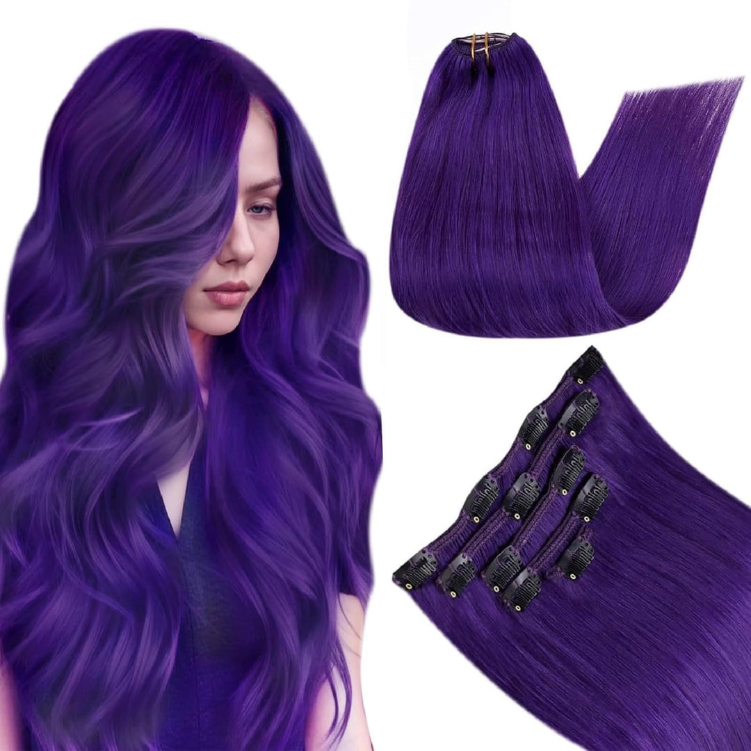 RUNATURE Lila Clip in Echthaar Extensions 50cm Purple Clip Extension Glatt 70g Lila Haarverlängerung