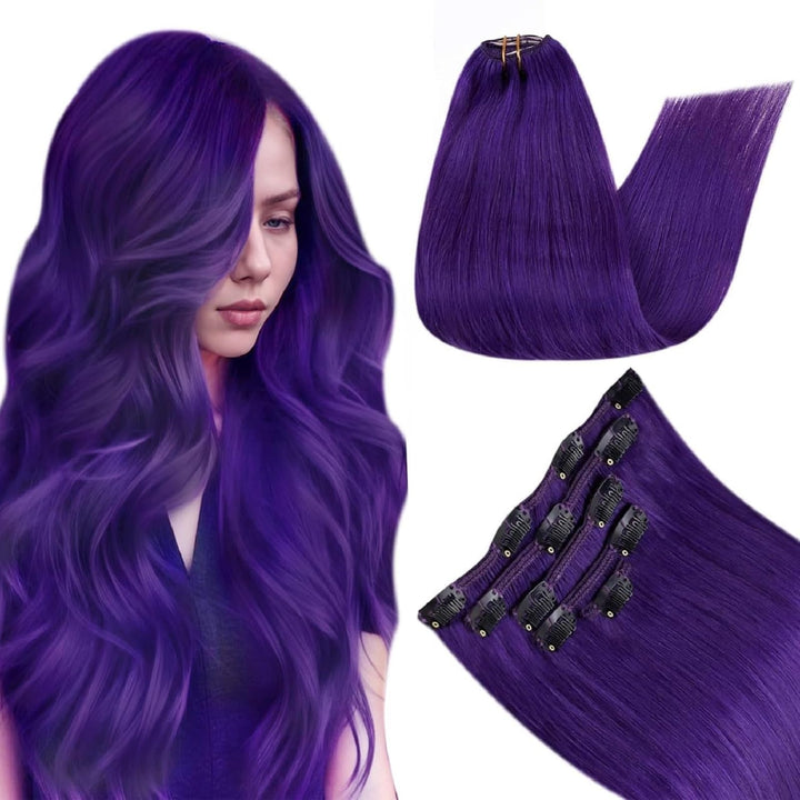RUNATURE Lila Clip in Echthaar Extensions 50cm Purple Clip Extension Glatt 70g Lila Haarverlängerung