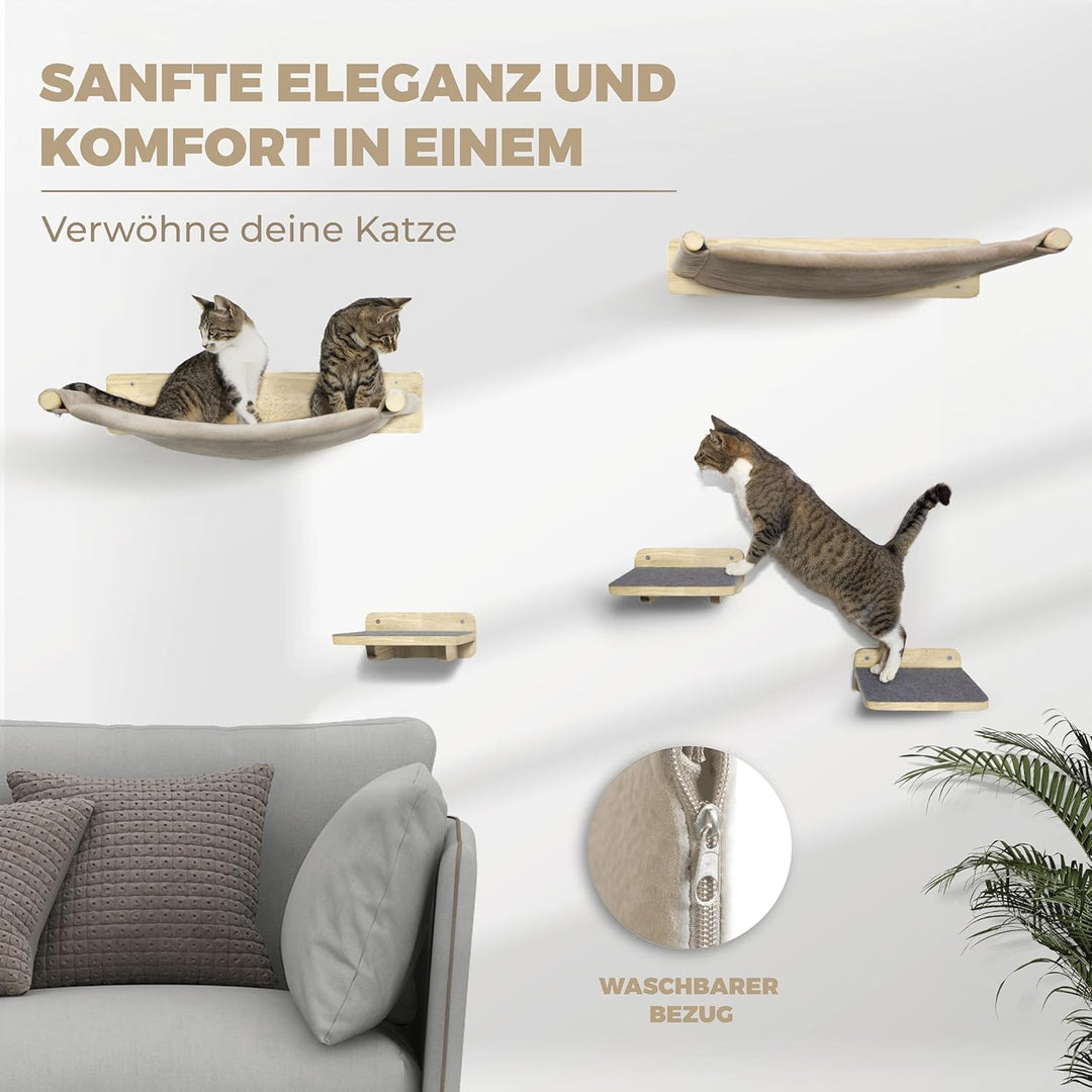 WOOWOOD® 2X Kletterwand Katzen - 2X Katzentreppe Wand [Vollholz] - Kratzbaum Wand - Hängematte Katze