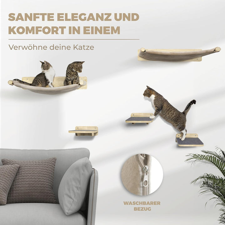 WOOWOOD® 2X Kletterwand Katzen - 2X Katzentreppe Wand [Vollholz] - Kratzbaum Wand - Hängematte Katze