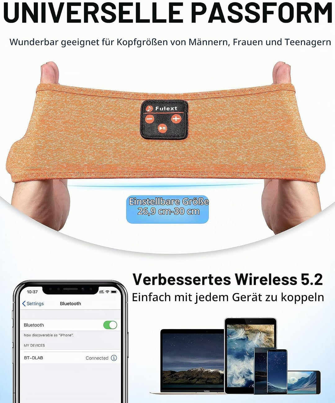 Schlafkopfhörer Bluetooth-Stirnband, Upgrage Soft Sleeping Wireless Music Sport Headbands, Long Time