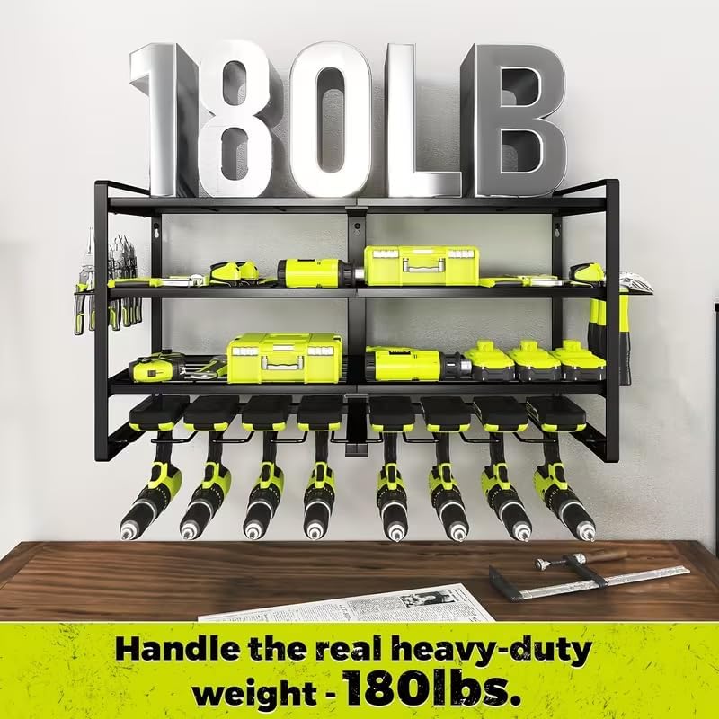 4-tier electric tool storage rack, heavy-duty metal shelf, wall-mounted garage organizer with slots