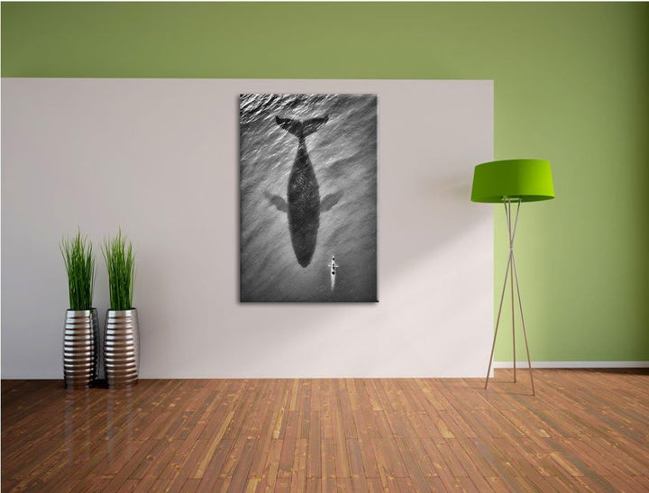 Pixxprint Riesiger Wal Schatten / 100x70cm Leinwandbild bespannt auf Holzrahmen/Wandbild Kunstdruck