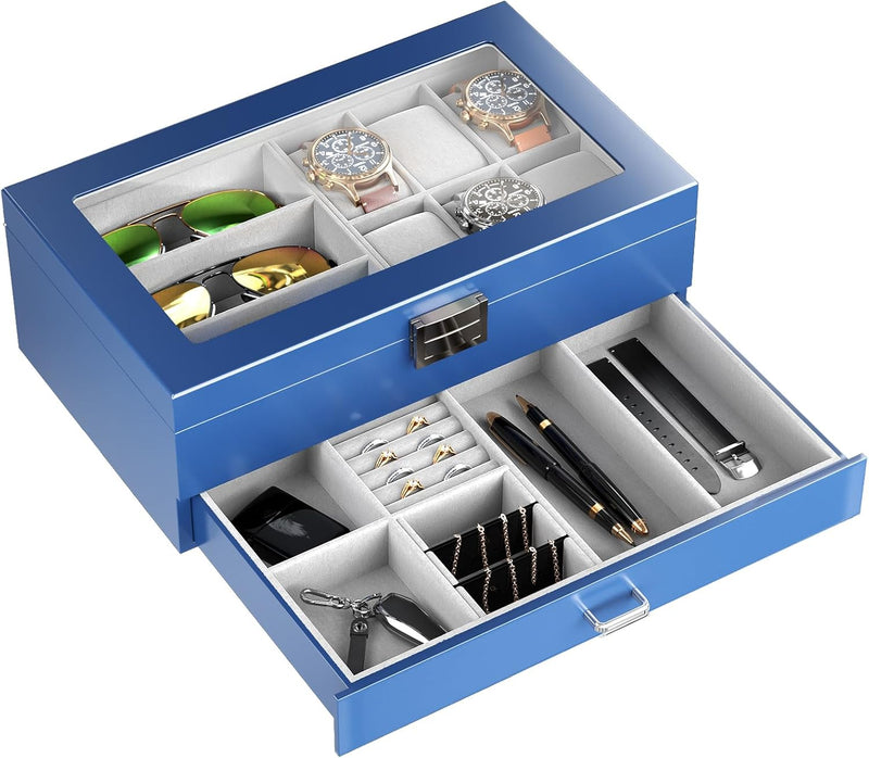 ProCase Uhrenbox aus Holz mit 6 Fächern, Uhren und Sonnenbrillen Aufbewahrung mit 2 Ebenen, Schmuckk