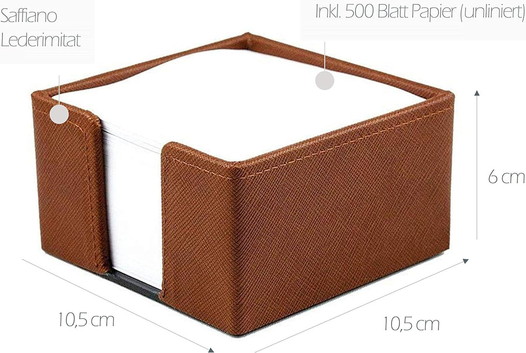 DELMON VARONE - Zettelkasten Saffiano Lederimitat braun, Zettelbox inkl. 500 Blatt Papier, Notizklot