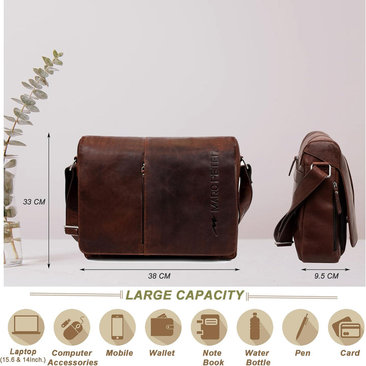 Marc Peter® Bergen leder Umhängetasche für Herren Damen | 15.6 Zoll Laptoptasche | Aktentasche aus e