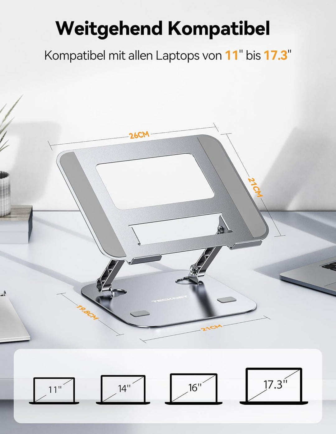 TECKNET Laptop Ständer Höhenverstellbar und Drehbar, Ergonomische Laptop Halterung Schreibtisch, Not