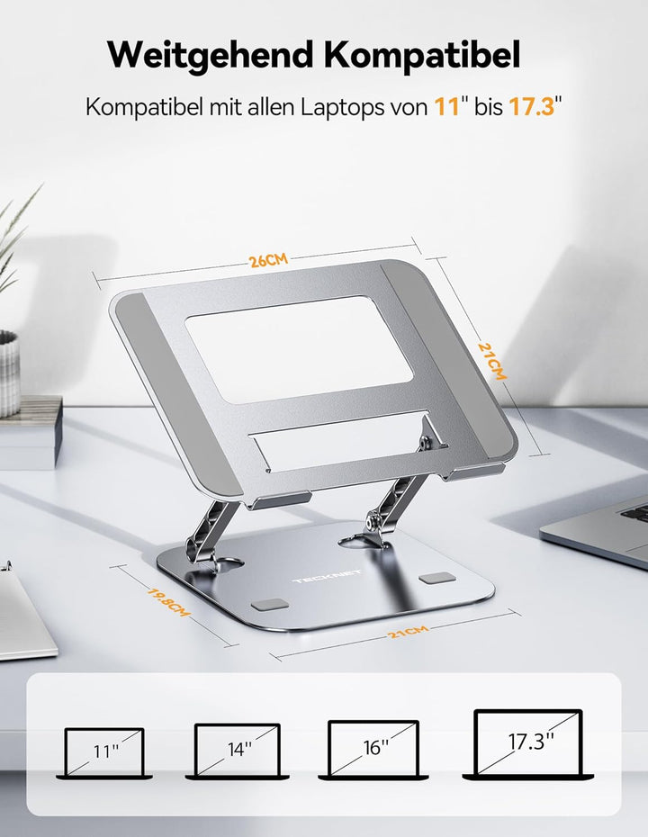 TECKNET Laptop Ständer Höhenverstellbar und Drehbar, Ergonomische Laptop Halterung Schreibtisch, Not