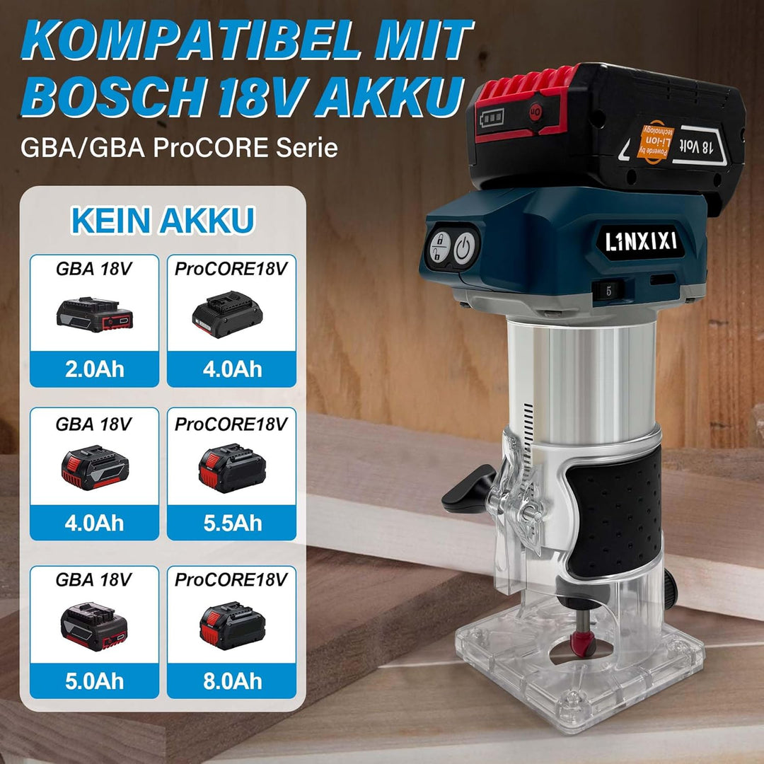 Akku Oberfräse für Bosch GBA 18V/ProCORE18V Akkus, 800W Bürstenloser Oberfräse mit 5 Geschwindigkeit