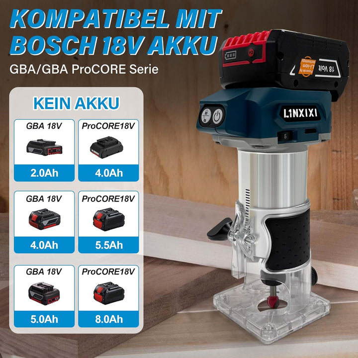 Akku Oberfräse für Bosch GBA 18V/ProCORE18V Akkus, 800W Bürstenloser Oberfräse mit 5 Geschwindigkeit