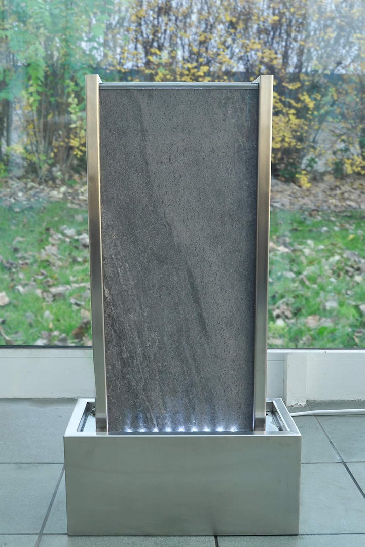 KÖHKO® Wasserwand ca. 78 cm Kombination aus Naturstein und Edelstahl Wasserfall mit LED-Beleuchtung