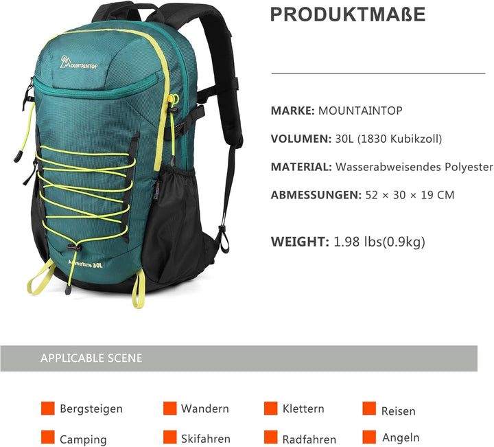 Mountaintop 25L/30L Wanderrucksack Daypack Damen Herren für Tageswanderungen, Outdoor, Radtouren 30l