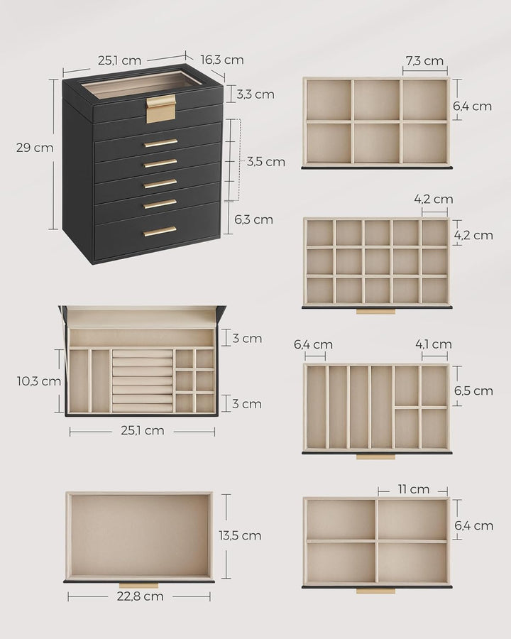 SONGMICS Schmuckkästchen, Schmuckkasten mit 6 Ebenen, Schmuckbox mit Glasdeckel, 5 Schubladen, für S