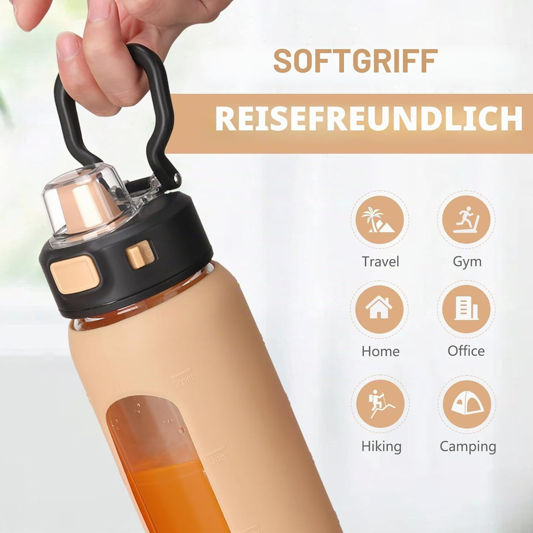 BLUEGO 700ml Trinkflasche Glas mit Strohhalm und Griff Auslaufsichere Wasserflasche mit Silikonhülle