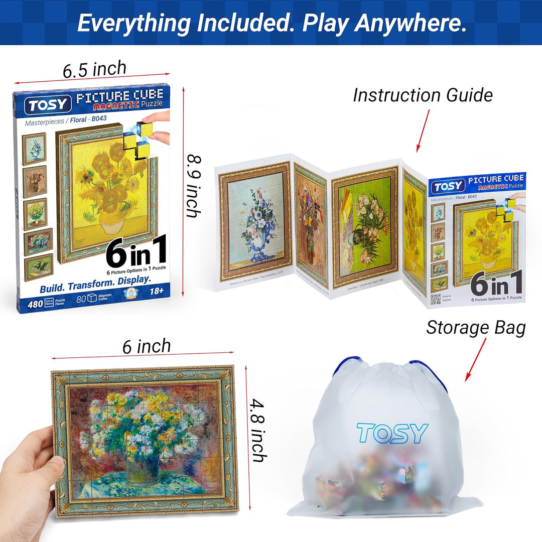 TOSY Picture Cube Floral Masterpieces: 6-in-1 magnetisches Bilderpuzzle, 80 Blöcke, 488 Flächen/Magn