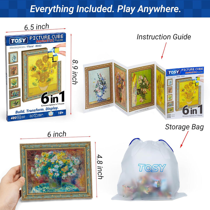 TOSY Picture Cube Floral Masterpieces: 6-in-1 magnetisches Bilderpuzzle, 80 Blöcke, 488 Flächen/Magn